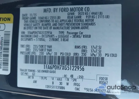 2016 Ford Fusion Se из США, поврежденный, VIN 1FA6P0H7XG5122956